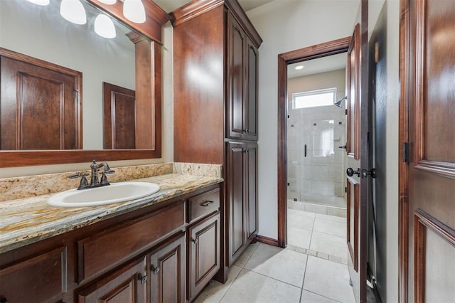 bathroom featuring a stall shower, vanity, and tile patterned flooring