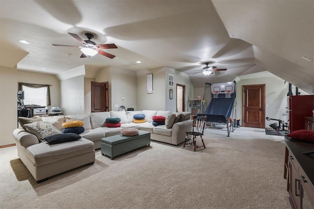 living area with ceiling fan, light colored carpet, and recessed lighting