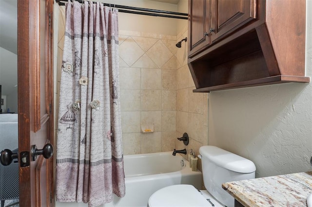 full bathroom featuring shower / bath combination with curtain, toilet, vanity, and a textured wall