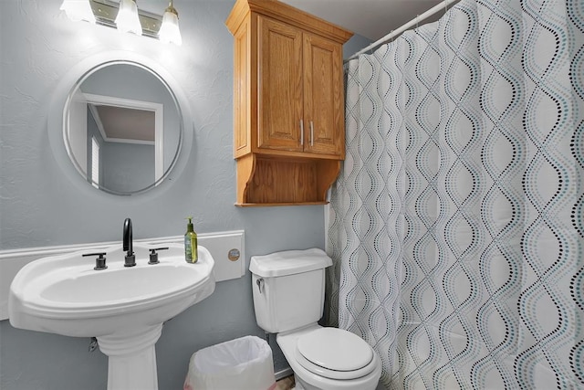 full bathroom with toilet, a shower with curtain, and a sink