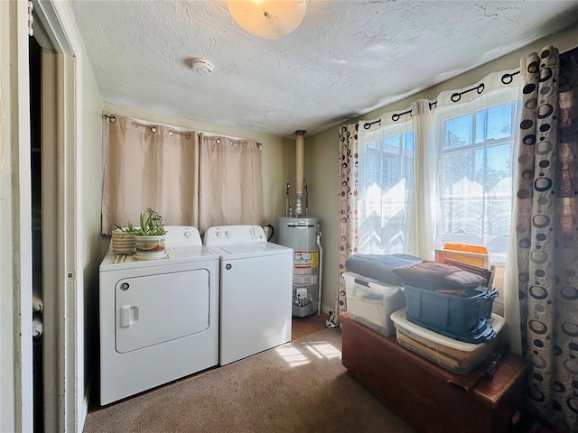 laundry room featuring gas water heater, separate washer and dryer, a textured ceiling, and carpet floors