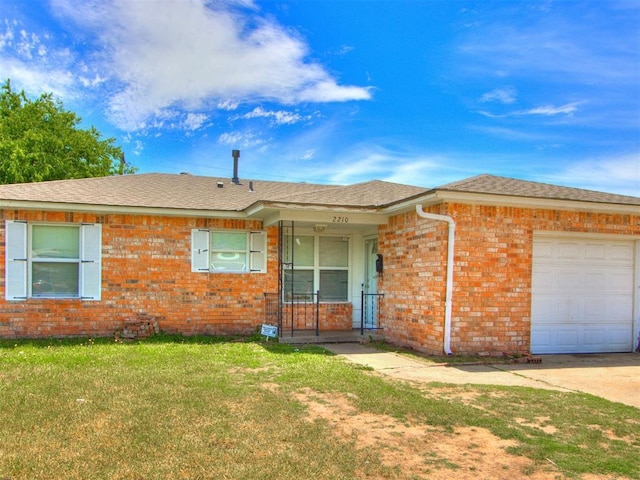 2210 SW 52nd St, Oklahoma City, OK 73119 - ranch-style home with a garage, brick siding, a front yard, and a shingled roof