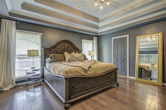 bedroom featuring ornamental molding, a tray ceiling, multiple windows, dark wood-type flooring, and a textured wall