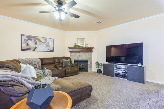 living room with crown molding, a ceiling fan, carpet, a fireplace, and baseboards