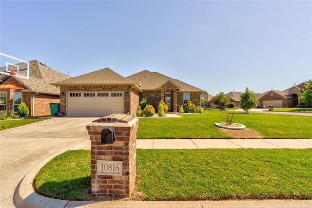 view of front of house with brick siding, driveway, an attached garage, a front yard, and roof with shingles