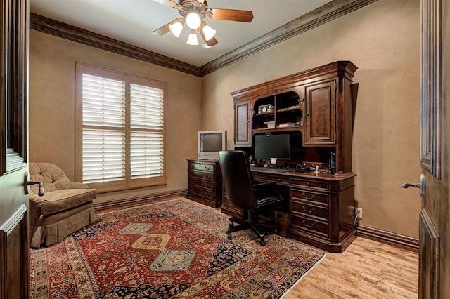 4408 The Ranch Rd, Edmond, OK 73034 - office area featuring a ceiling fan, light wood-style floors, baseboards, and crown molding