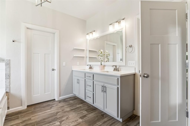 bathroom featuring wood finished floors, double vanity, and baseboards