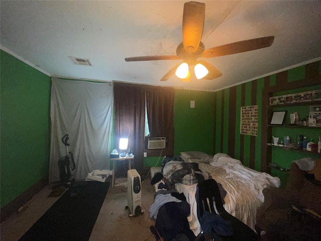 422 E Ash St, Lexington, OK 73051 - carpeted bedroom featuring cooling unit, ceiling fan, and ornamental molding