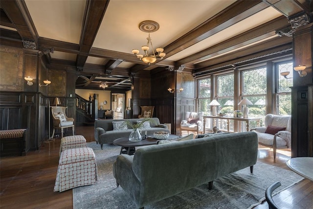 1415 N Hudson Ave, Oklahoma City, OK 73103 - living room featuring coffered ceiling, stairway, dark wood-style flooring, beam ceiling, and a chandelier