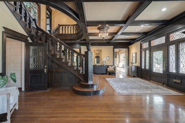 1415 N Hudson Ave, Oklahoma City, OK 73103 - entryway with wood finished floors, beam ceiling, coffered ceiling, stairway, and recessed lighting