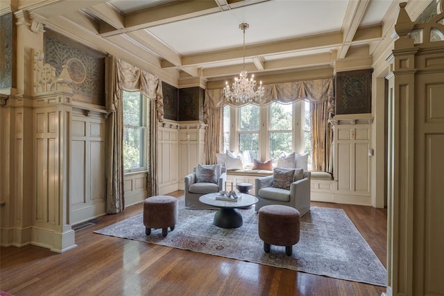 1415 N Hudson Ave, Oklahoma City, OK 73103 - sitting room featuring a decorative wall, plenty of natural light, wood finished floors, coffered ceiling, and a chandelier