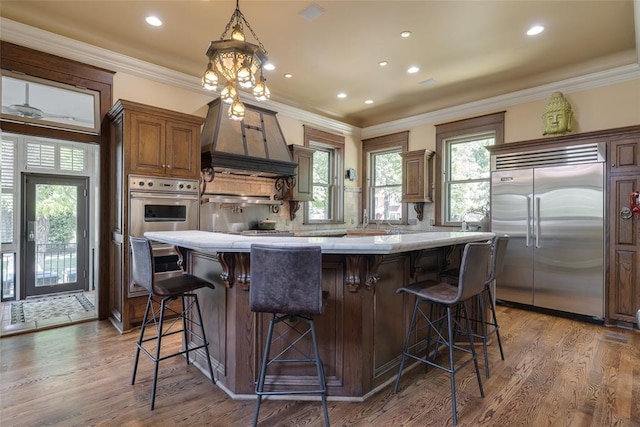 1415 N Hudson Ave, Oklahoma City, OK 73103 - kitchen with appliances with stainless steel finishes, custom exhaust hood, a kitchen island, wood finished floors, and recessed lighting