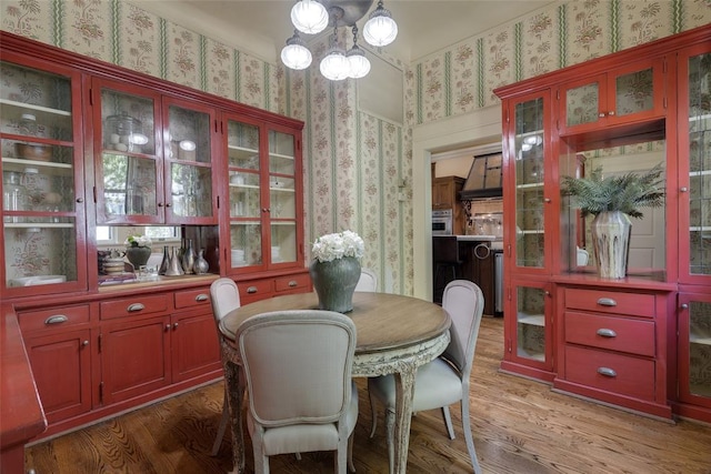 1415 N Hudson Ave, Oklahoma City, OK 73103 - dining area with wallpapered walls, wood finished floors, and a chandelier