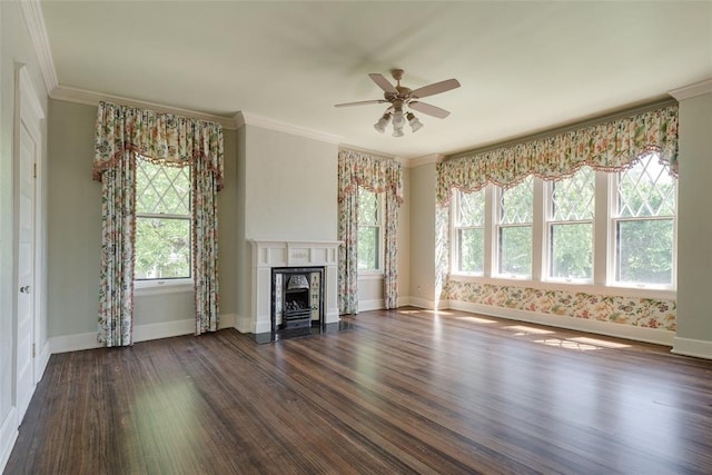 1415 N Hudson Ave, Oklahoma City, OK 73103 - unfurnished living room featuring healthy amount of natural light, ceiling fan, dark wood finished floors, a fireplace, and crown molding
