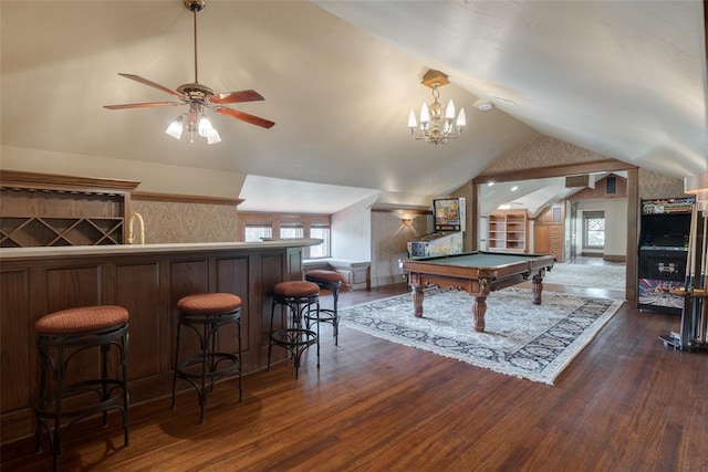 1415 N Hudson Ave, Oklahoma City, OK 73103 - recreation room with lofted ceiling, healthy amount of natural light, dark wood-type flooring, pool table, and a ceiling fan