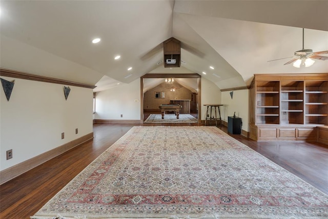 1415 N Hudson Ave, Oklahoma City, OK 73103 - bonus room with ceiling fan, dark wood-style flooring, baseboards, lofted ceiling, and recessed lighting