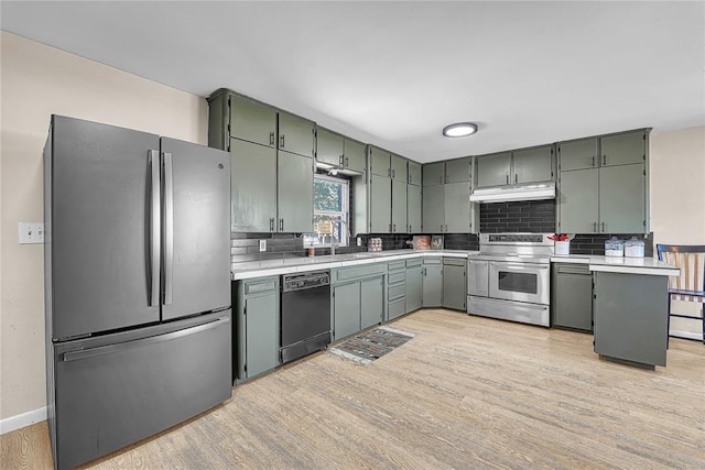 800 N Main St, Thomas, OK 73669 - kitchen featuring stainless steel appliances, under cabinet range hood, light countertops, and decorative backsplash