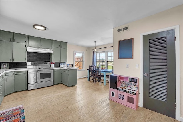 800 N Main St, Thomas, OK 73669 - kitchen featuring electric range, under cabinet range hood, light countertops, tasteful backsplash, and light wood finished floors