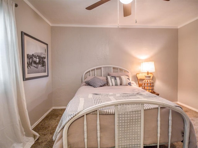 164 4th St, Faxon, OK 73540 - bedroom featuring carpet flooring, baseboards, crown molding, and a ceiling fan