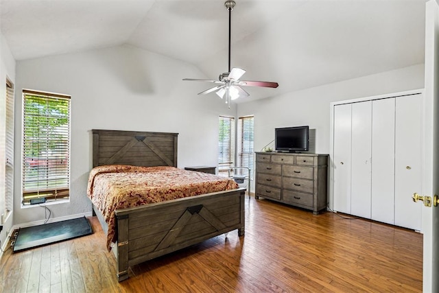 bedroom with multiple windows, wood finished floors, lofted ceiling, ceiling fan, and a closet