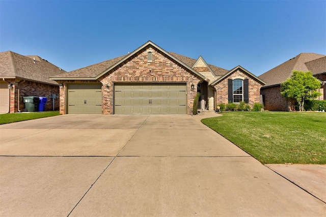 3800 Presidio Cir, Norman, OK 73072 - view of front of home featuring concrete driveway, a garage, a front lawn, brick siding, and roof with shingles
