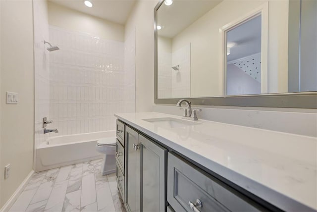 4209 Las Colinas Ln, Norman, OK 73072 - bathroom with marble finish flooring, toilet, vanity, baseboards, and bathtub / shower combination