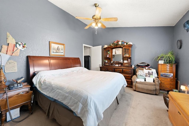 6104 Westlane, Oklahoma City, OK 73142 - bedroom with light colored carpet, lofted ceiling, and ceiling fan