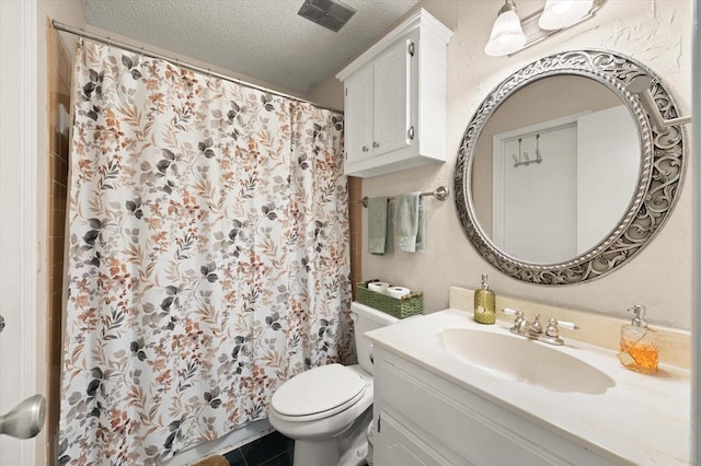 6104 Westlane, Oklahoma City, OK 73142 - bathroom featuring a textured ceiling, toilet, vanity, and curtained shower