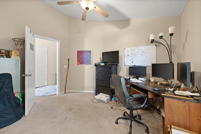 6104 Westlane, Oklahoma City, OK 73142 - office area with carpet, ceiling fan, baseboards, and a textured ceiling