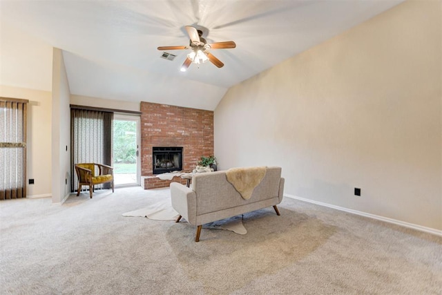619 Rimrock Rd, Edmond, OK 73034 - living area with carpet flooring, ceiling fan, baseboards, lofted ceiling, and a fireplace
