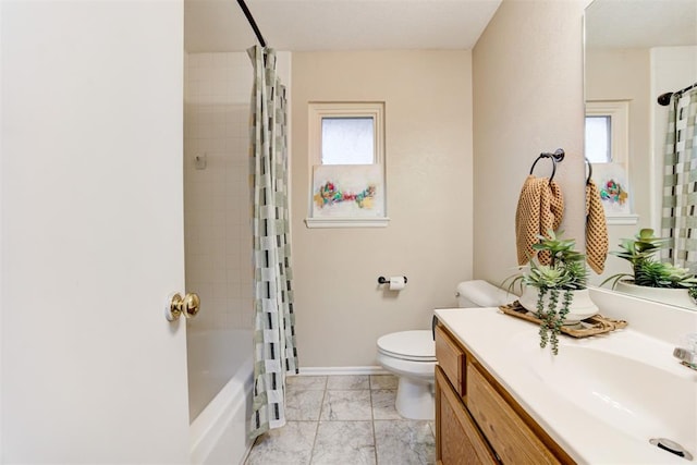 619 Rimrock Rd, Edmond, OK 73034 - bathroom with vanity, toilet, shower / tub combo with curtain, baseboards, and marble finish flooring