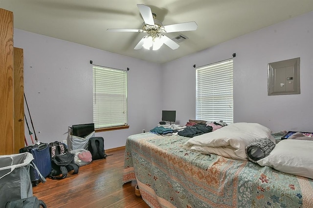 109 E Hayes St, Norman, OK 73069 - bedroom featuring wood-type flooring, electric panel, multiple windows, and ceiling fan