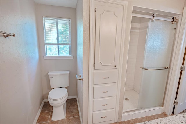 5016 NW 26th St, Oklahoma City, OK 73127 - bathroom with a shower stall, tile patterned flooring, toilet, and baseboards