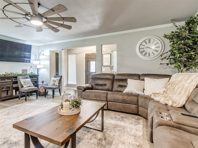 764 S Sara Rd, Tuttle, OK 73089 - living area featuring crown molding, ceiling fan, and light wood-style floors