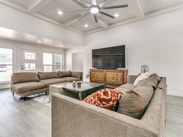 6001 Broadmoor Ave, Oklahoma City, OK 73132 - living room featuring wood finished floors, coffered ceiling, ceiling fan, beam ceiling, and baseboards
