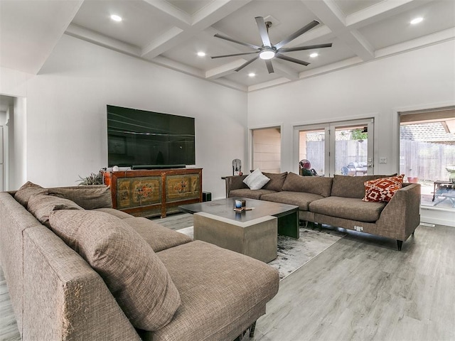 6001 Broadmoor Ave, Oklahoma City, OK 73132 - living room featuring ceiling fan, light wood-type flooring, beamed ceiling, french doors, and coffered ceiling