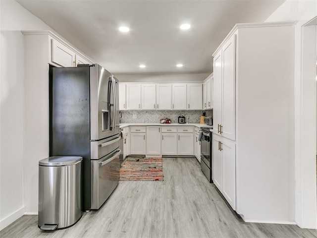 6001 Broadmoor Ave, Oklahoma City, OK 73132 - kitchen with stainless steel refrigerator with ice dispenser, light wood-type flooring, electric range, backsplash, and recessed lighting