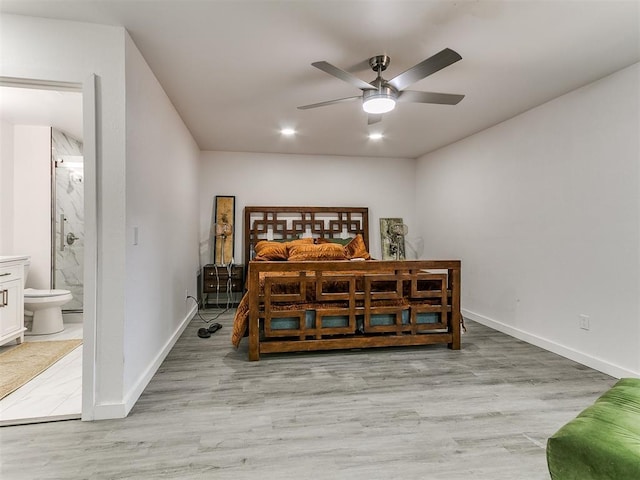 6001 Broadmoor Ave, Oklahoma City, OK 73132 - bedroom featuring light wood finished floors, baseboards, ensuite bath, a ceiling fan, and recessed lighting