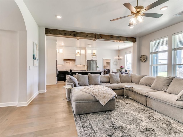 222 Alamosa Rd, Norman, OK 73069 - living area featuring a chandelier, light wood-type flooring, recessed lighting, a ceiling fan, and baseboards