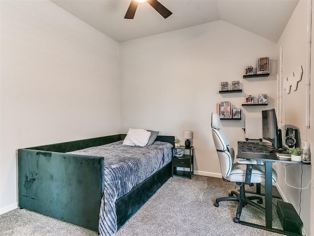 222 Alamosa Rd, Norman, OK 73069 - bedroom with carpet, vaulted ceiling, baseboards, a desk, and ceiling fan