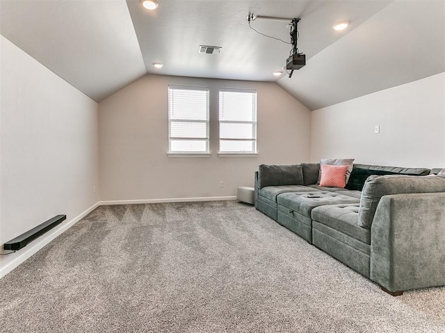 222 Alamosa Rd, Norman, OK 73069 - carpeted home theater room featuring vaulted ceiling, baseboards, and recessed lighting