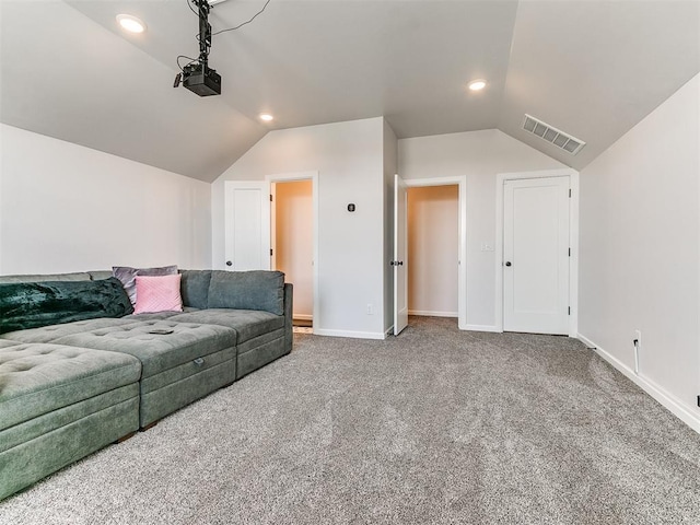 222 Alamosa Rd, Norman, OK 73069 - carpeted living area with vaulted ceiling, baseboards, and recessed lighting
