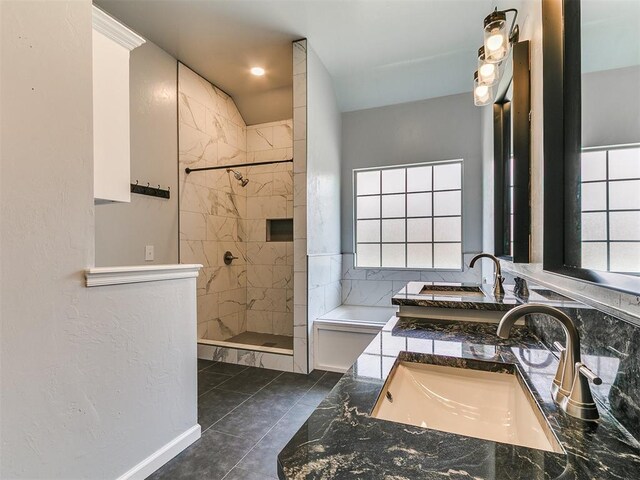 924 Regal Rd, Yukon, OK 73099 - bathroom with a garden tub, tiled shower, vanity, and tile patterned flooring