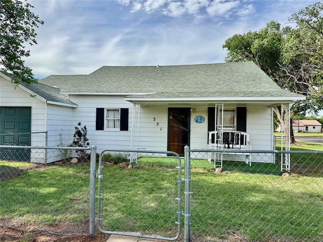 321 E Ninth St, Leedey, OK 73654 - bungalow featuring a porch, a gate, a garage, and a shingled roof