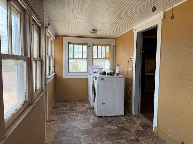 711 E Walnut St, Altus, OK 73521 - washroom featuring washer and dryer, dark stone finish flooring, and wooden ceiling