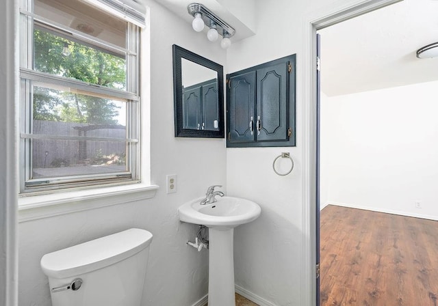 bathroom with toilet and wood finished floors