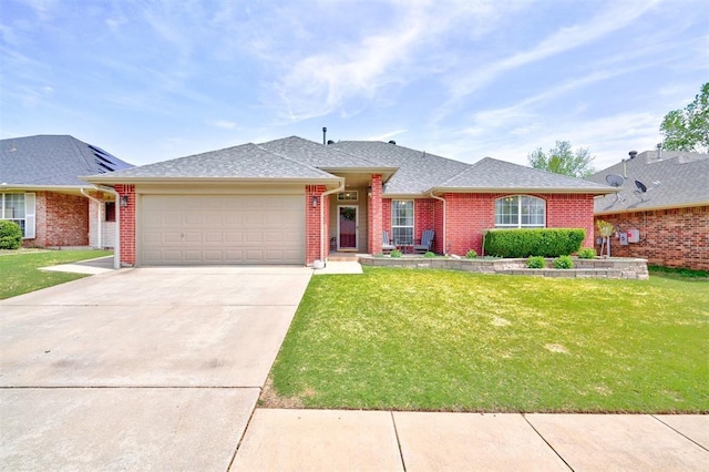 12308 Hickory Creek Blvd, Oklahoma City, OK 73170 - ranch-style home with an attached garage, a front yard, concrete driveway, and brick siding