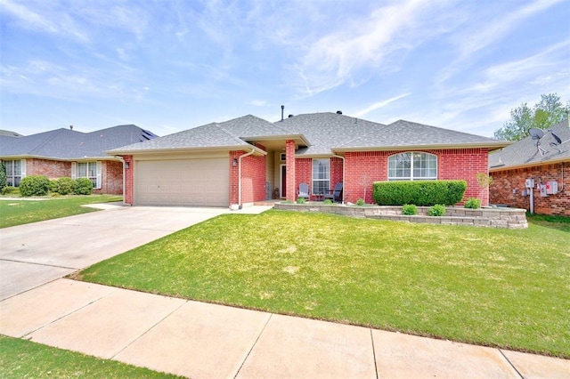 12308 Hickory Creek Blvd, Oklahoma City, OK 73170 - ranch-style home featuring a garage, a front lawn, brick siding, and concrete driveway