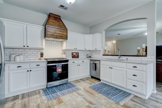 12308 Hickory Creek Blvd, Oklahoma City, OK 73170 - kitchen with appliances with stainless steel finishes, a sink, custom range hood, arched walkways, and light wood-style flooring