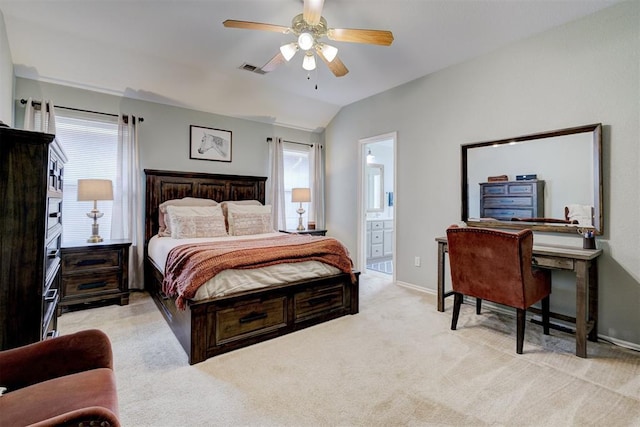 12308 Hickory Creek Blvd, Oklahoma City, OK 73170 - bedroom featuring light colored carpet, baseboards, ceiling fan, connected bathroom, and lofted ceiling